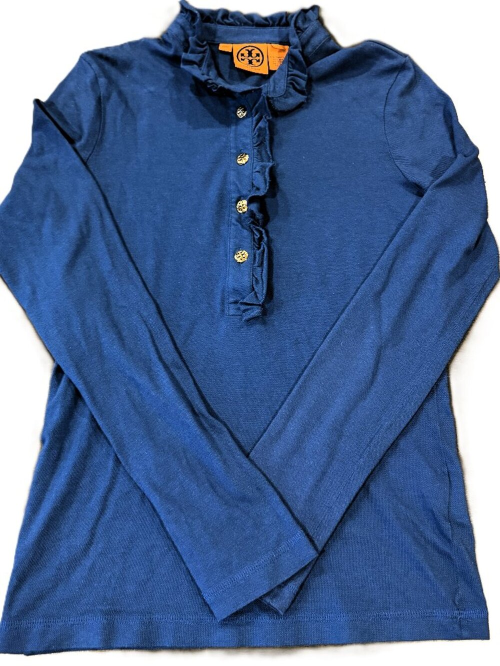Tory Burch Women's Small Blue Pima Cotton Ruffle Button Up Blouse Shirt